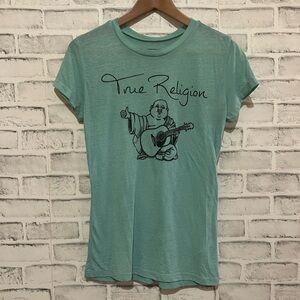 Women’s Tru Religion aqua short sleeve t-shirt w/ black crystal script Buddha S